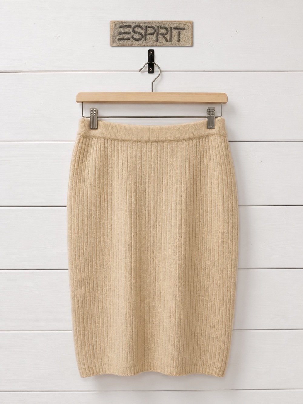 Vintage Esprit Ribbed Lambswool Midi Skirt – Ivory – Size L